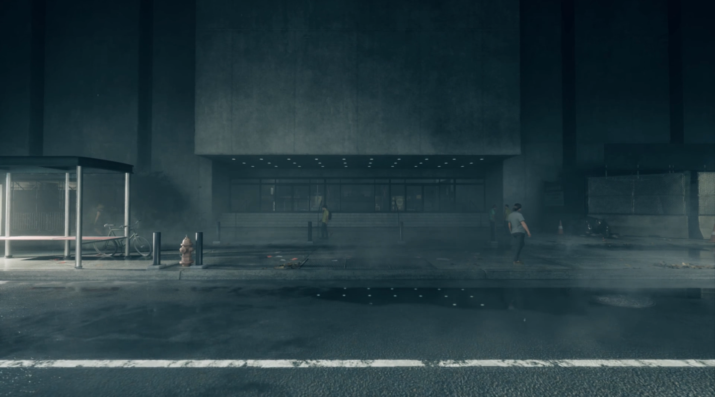 An opening shot from *Control* shows the entrance to the Federal Bureau of Control. The building's doors are framed by the monolithic brutalist architecture of the building and the eerie nighttime setting.
