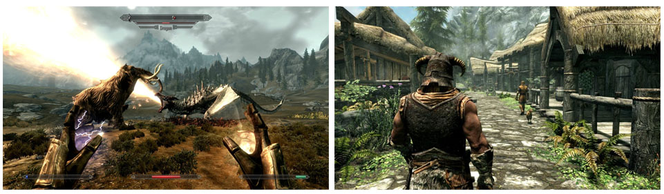 An example from *Skyrim* shows the difference between first-person perspective (left) and third-person (right).