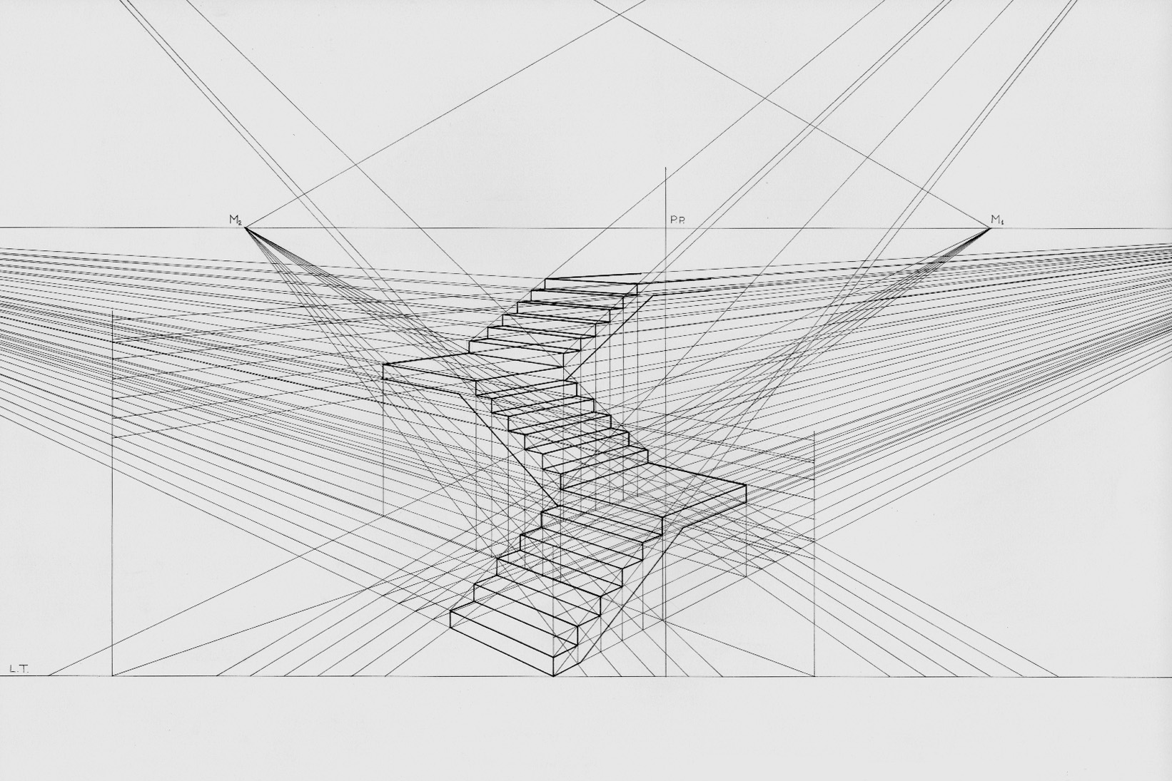 A staircase rendered in two-point perspective shows the graphical representation of social space. It is almost as if brutalism were the ideological blueprint for architectural design.